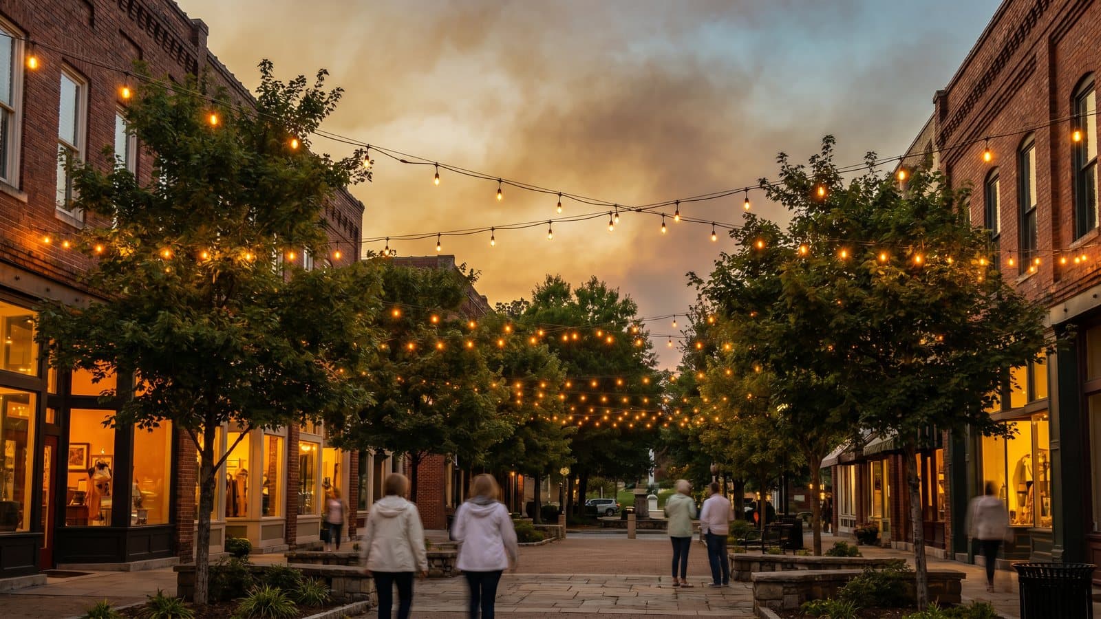 An East Tennessee town square at golden hour